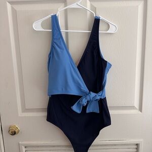 Kona Sol Two-Tone Blue Wrap One-Piece Swimsuit